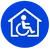 “Blue circular icon with a white house and wheelchair symbol representing accessible home adaptations.”